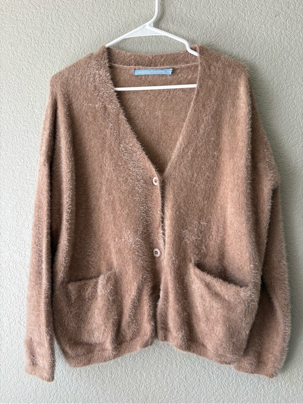 Michelle Nicole Fuzzy V-Neck Button Cardigan in Camel Brown